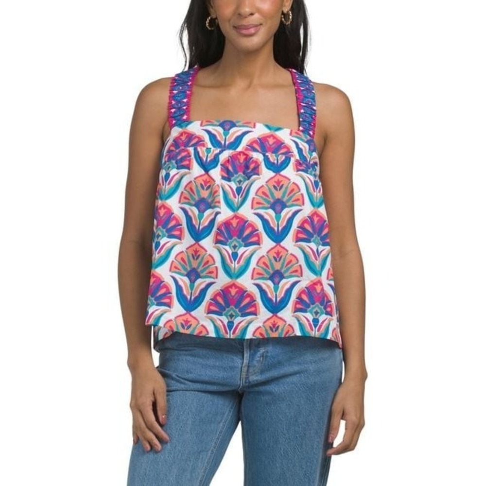 PRINTFRESH‎ Geo Floral Mila Top Fuschia Cloud Boho Organic Cotton Blouse Sz XL